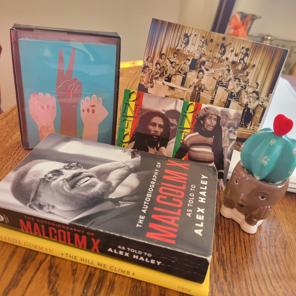 Black History Bundle ~ Malcom X Amanda Gorman Books Bob Marley Cards Lady Head